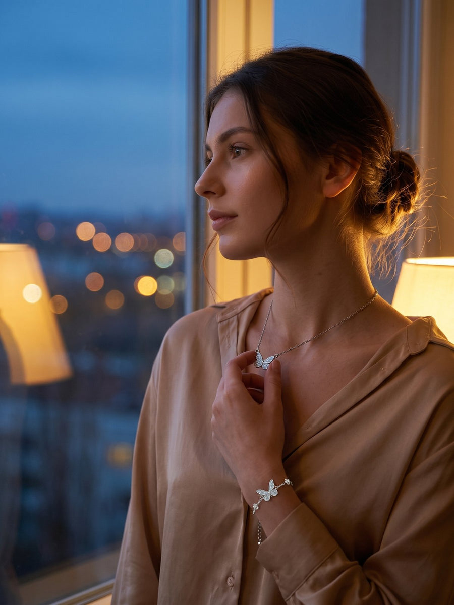 Modelka w naszyjniku i bransoletce LumiFly przy oknie o zmierzchu